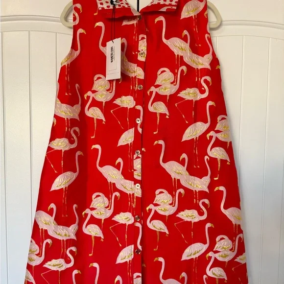 Flamingo Print Red Mini Dress Back Buttons Gold Accents Buru NWT - Picture 2 of 9